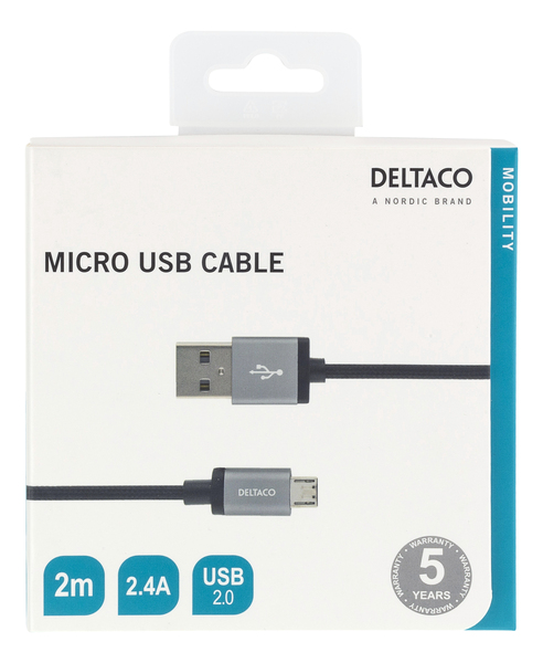 Deltaco Braided USB-A - Micro-USB B -kaapeli, 2 m, Musta