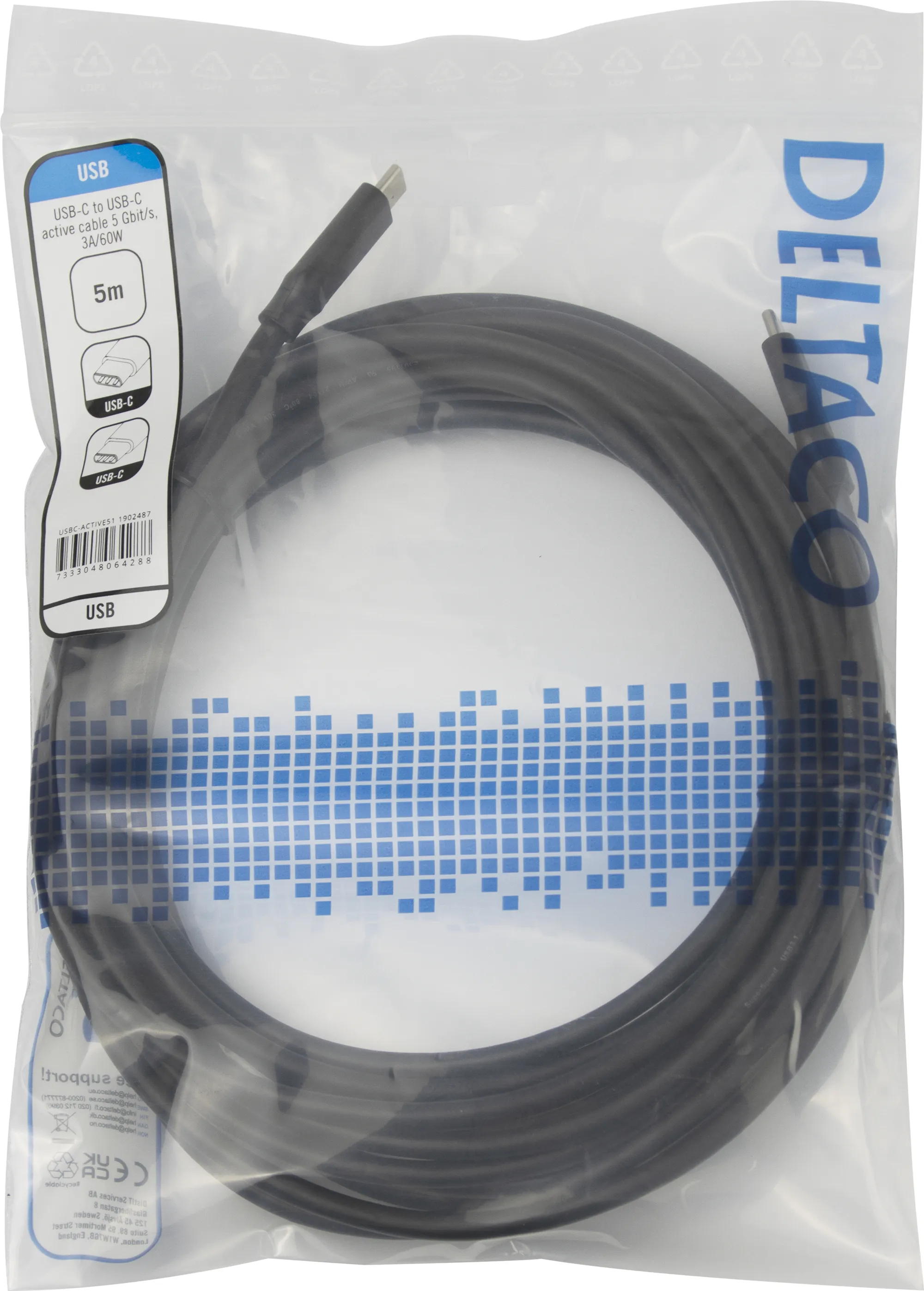 Deltaco Active USB-C cable with DP Alt Mode, 60W, 5 m, Black