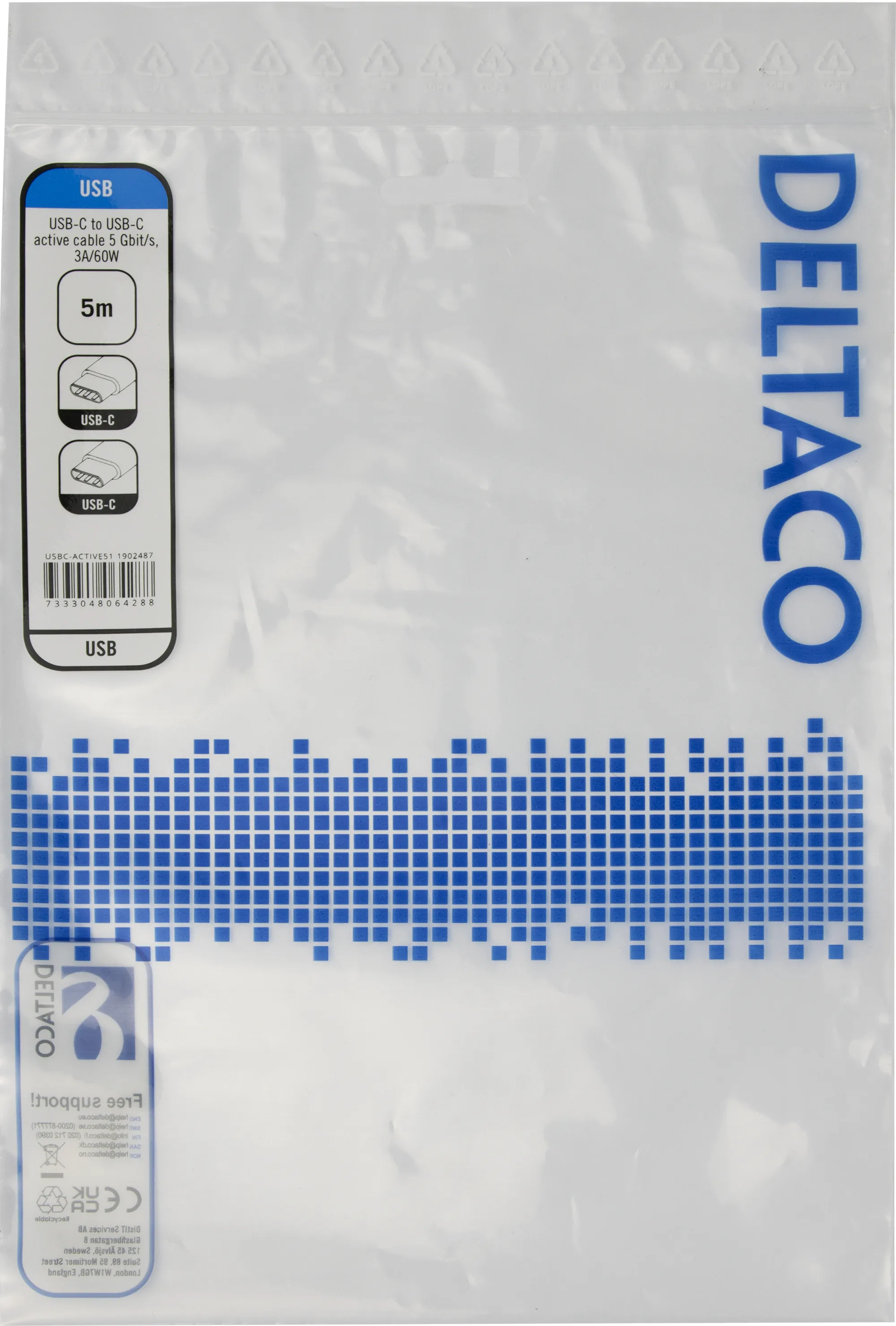 Deltaco Active USB-C cable with DP Alt Mode, 60W, 5 m, Black