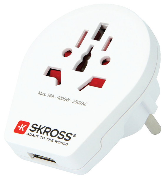 SKROSS World to Europe USB, reseadapter, max 16A 4000W 250V, vit