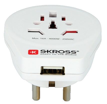 SKROSS World to Europe USB, reseadapter, max 16A 4000W 250V, vit