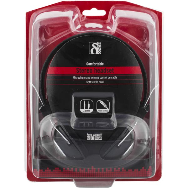 DELTACO headset med volymkontroll, 2m kabel, svart