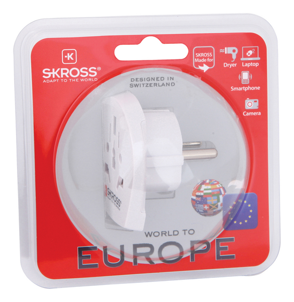 SKROSS reseadapter  EMEA/US/UK till EU, ojordad, 220-250V max 16A, vit