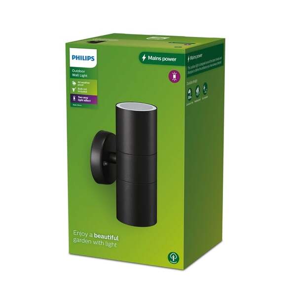 Philips Kylis Outdoor Wall Light, Black, IP44, 2x GU10