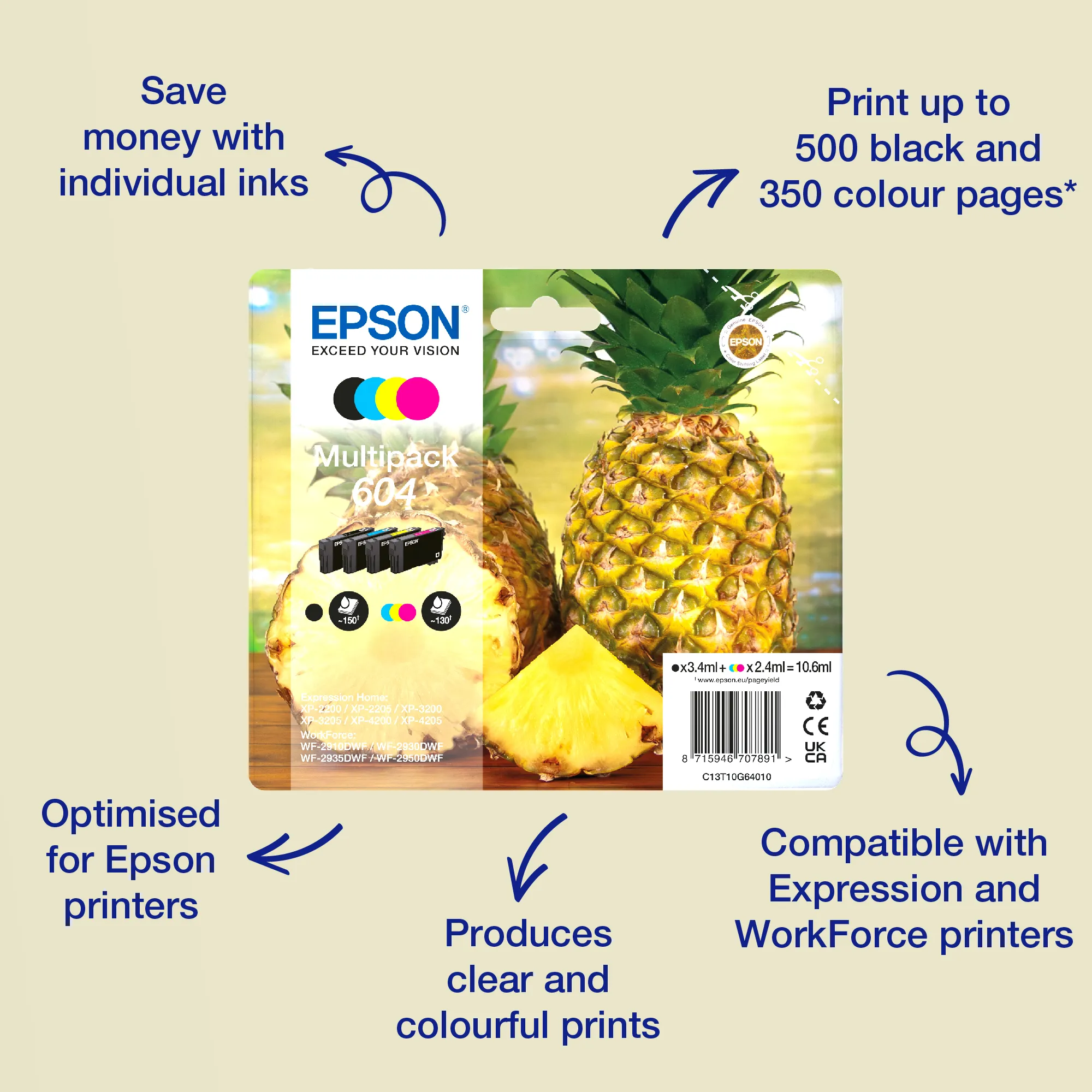 Epson 604 ink cartridge kit, Black/Cyan/Magenta/Yellow, 4 pcs