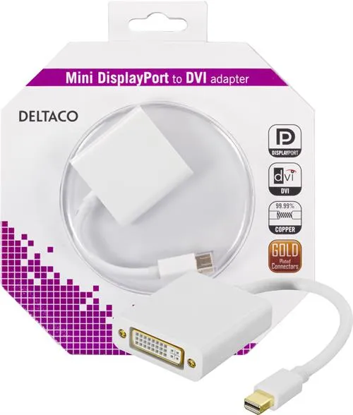 DELTACO mini DisplayPort - DVI-D-sovitin, FullHD ur - na, 0,05m, valk.