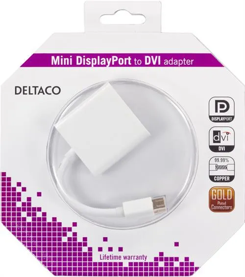 DELTACO mini DisplayPort - DVI-D-sovitin, FullHD ur - na, 0,05m, valk.