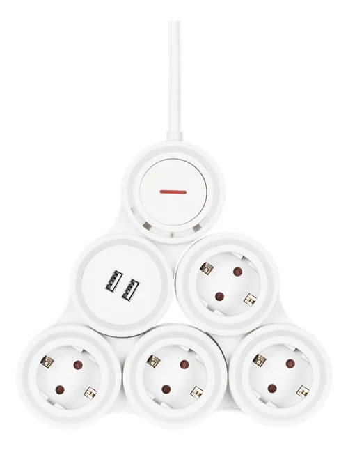 Deltaco Flexibelt jatkojohto, 4-osainen, 1,4m, 16A 3500W, 2x USB-A