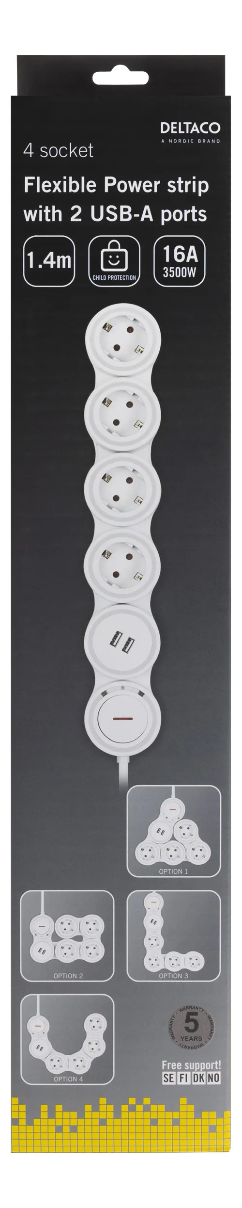 Deltaco Flexibelt jatkojohto, 4-osainen, 1,4m, 16A 3500W, 2x USB-A