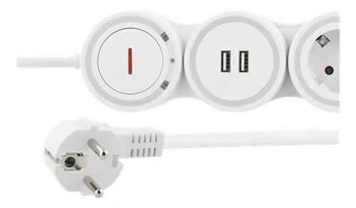 Deltaco Flexibelt jatkojohto, 4-osainen, 1,4m, 16A 3500W, 2x USB-A