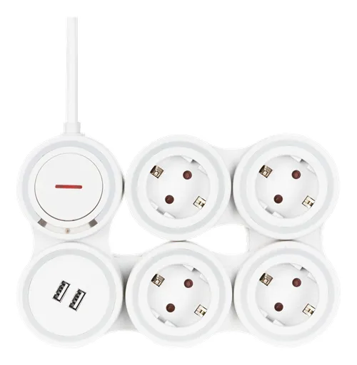 Deltaco Flexibelt grenuttag med 4 kontakter, 1,4m, 16A 3500W, 2x USB-A