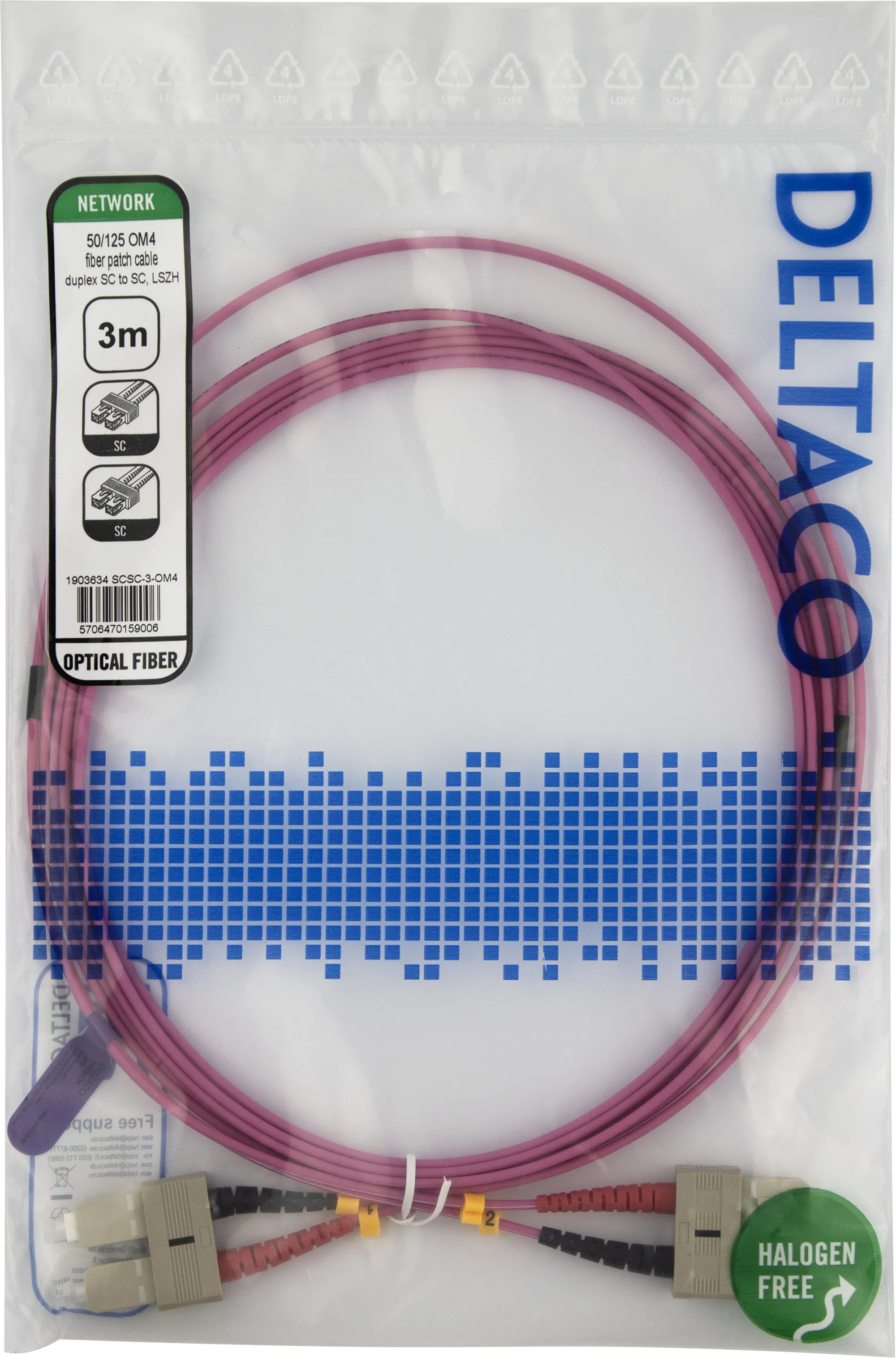 Deltaco OM4 LSZH SC-SC 3m -valokuitukaapeli, vaaleanpunainen
