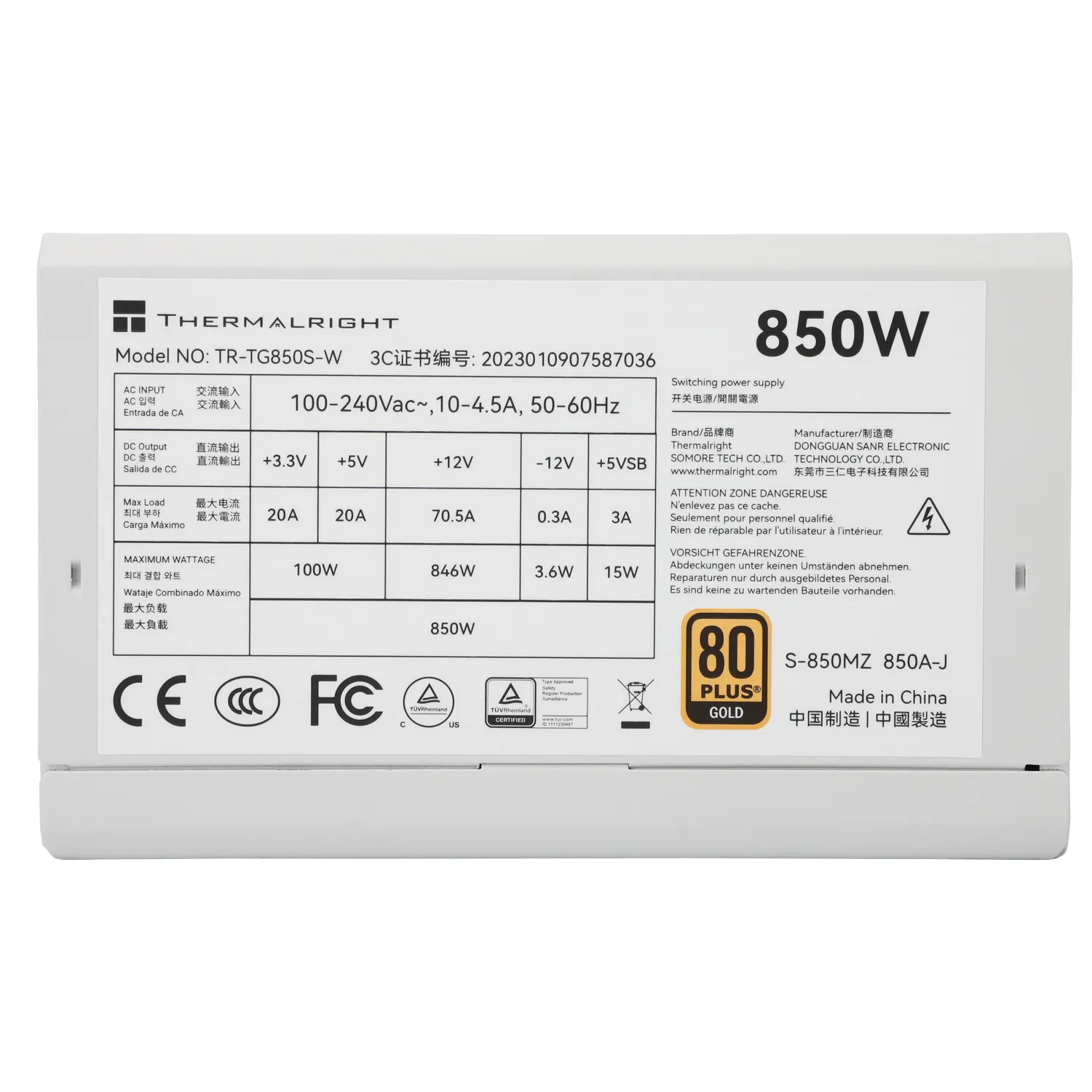 Thermalright TG-850S-W 850W -virtal&auml;hde, 80 Plus Gold