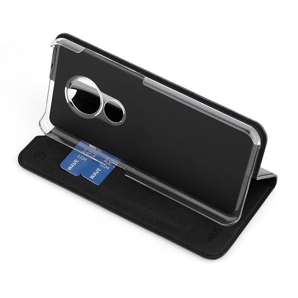 Wave Book Case musta suojakotelo Nokia 7.2 (2019) puhelimelle. Magneettisulkuinen kansi, korttipaikat RFID suojauksella ja l&auml;pin&auml;kyv&auml; muovikelkka (PC). Pintamat