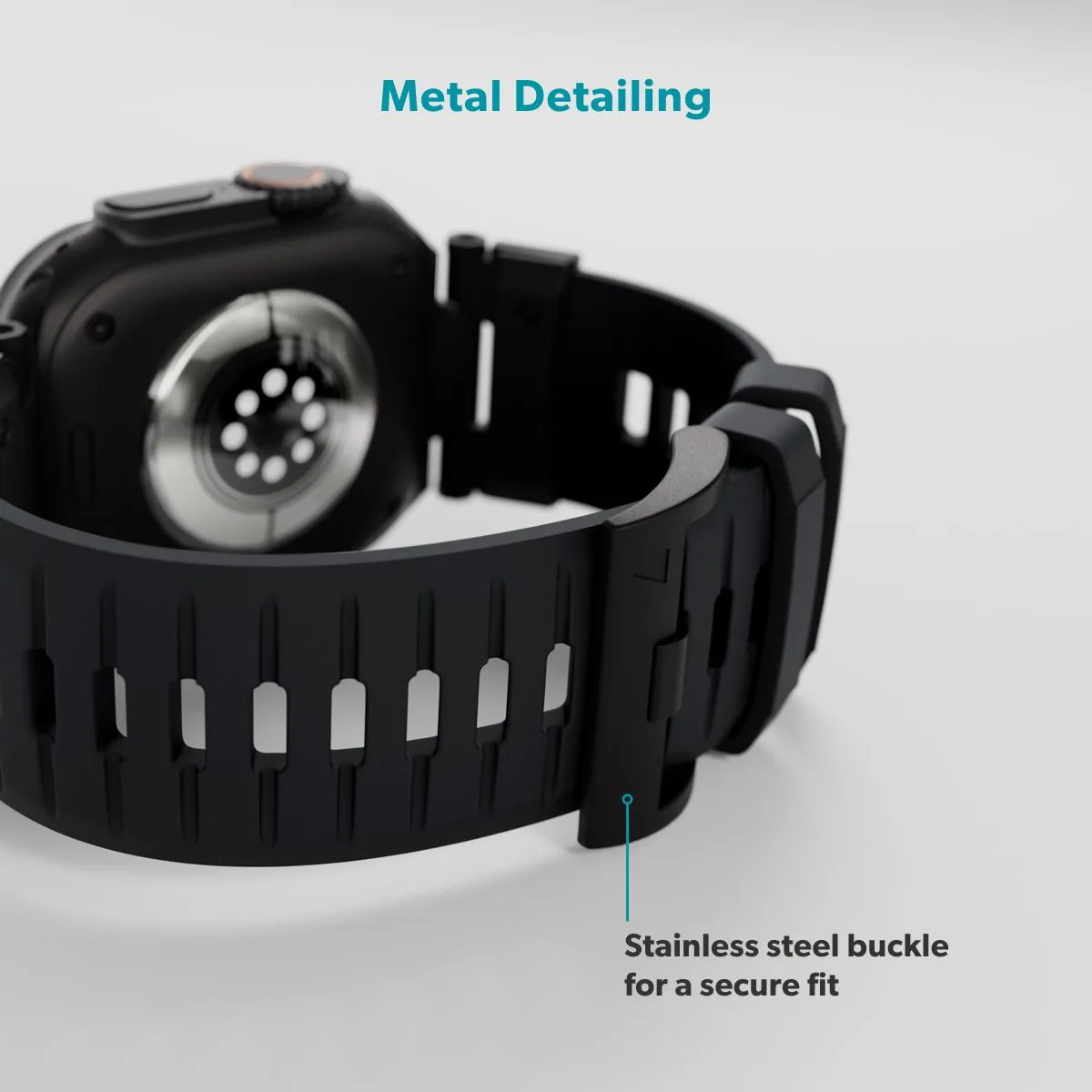 Epico FKM Rubber Pro Watch Band with Stainless Steel Fastening | Apple Watch SE (44mm)/Series 1-9 (42/44/45mm) 10-11 (46mm)/Ultra (49mm) | Black