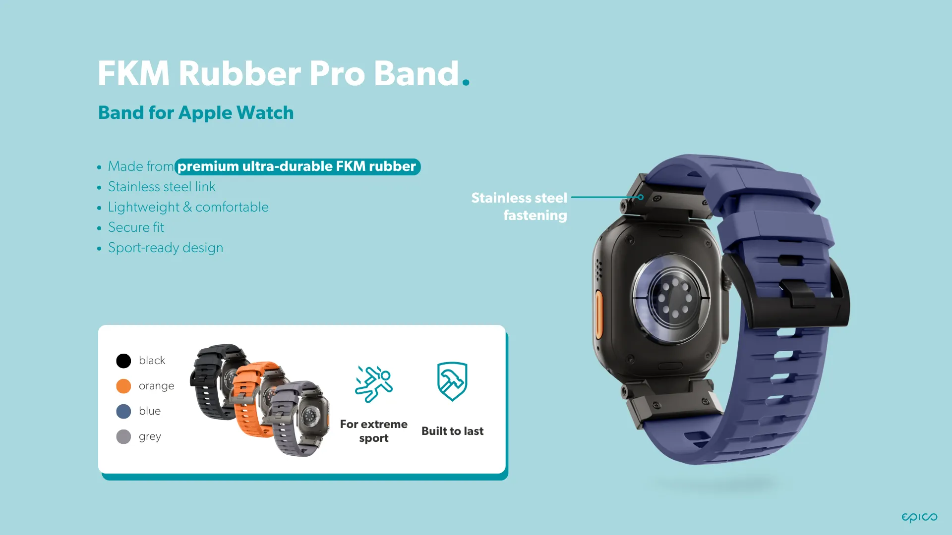 Epico FKM Rubber Pro Watch Band with Stainless Steel Fastening | Apple Watch SE (44mm)/Series 1-9 (42/44/45mm) 10-11 (46mm)/Ultra (49mm) | Black