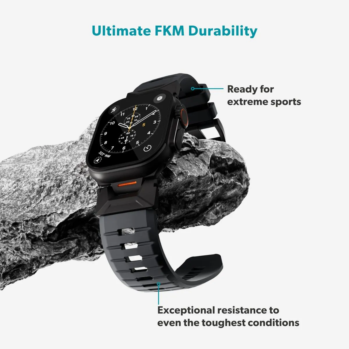 Epico FKM Rubber Pro Watch Band with Stainless Steel Fastening | Apple Watch SE (44mm)/Series 1-9 (42/44/45mm) 10-11 (46mm)/Ultra (49mm) | Black