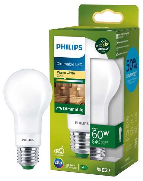 Philips UltraEfficient LED E27 4W (60W) 840 lm 2700K Matt (A60)