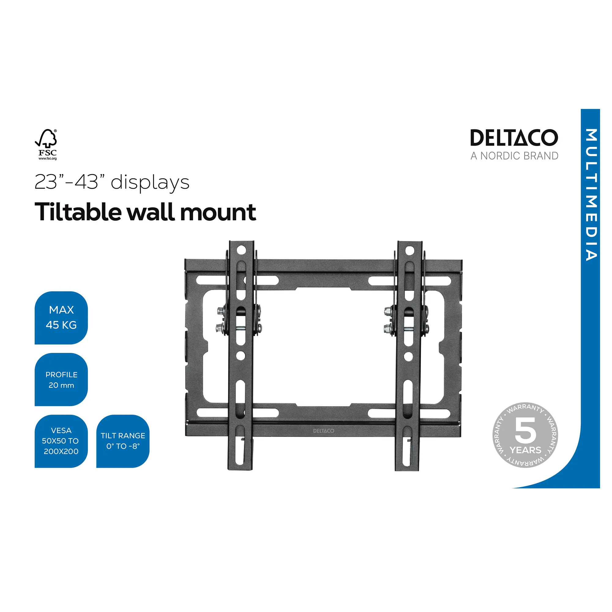 DELTACO ARM-520-B Tilting Wall Mount, 23&ndash;43 inches, 45 kg, Black