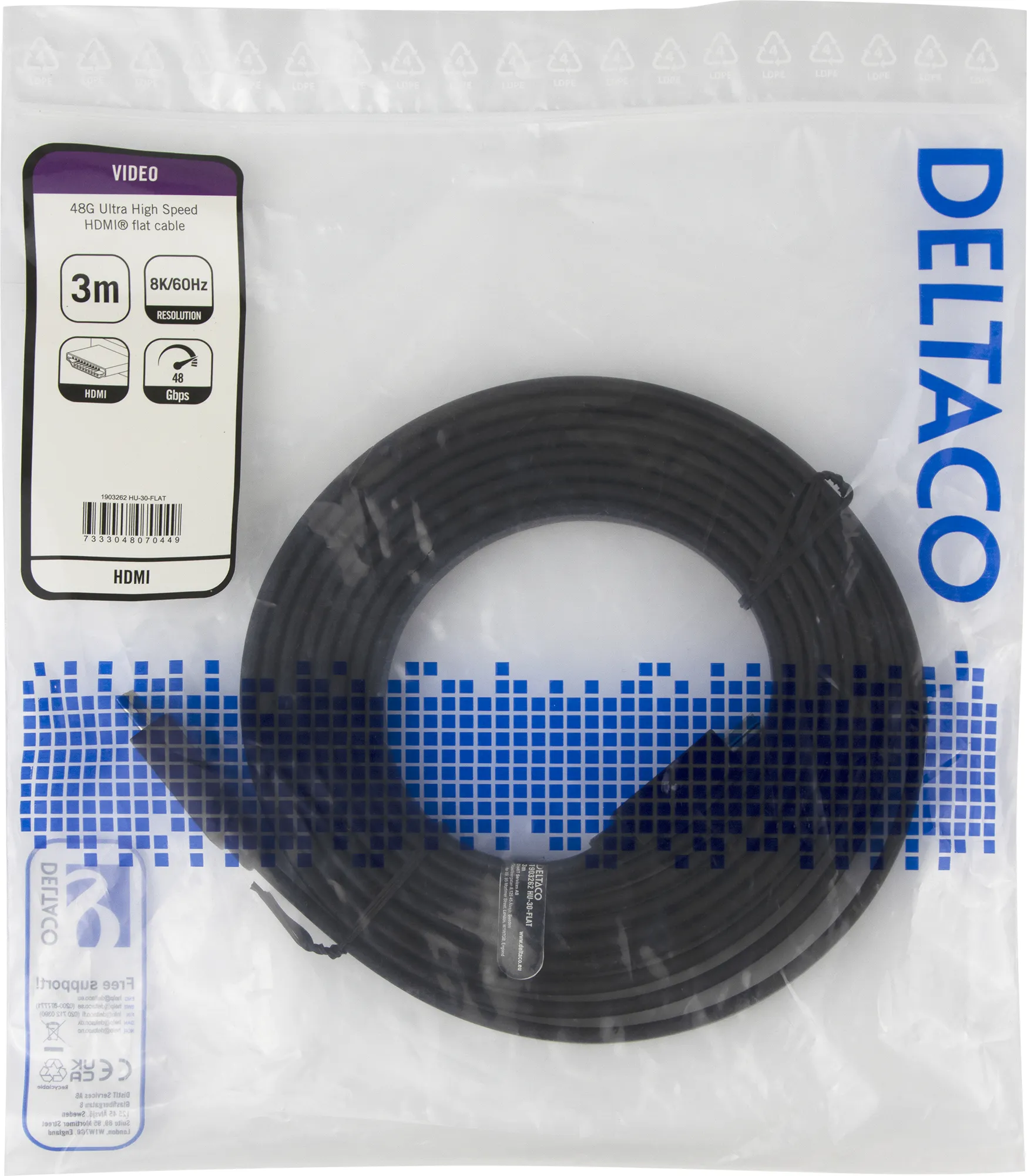 Deltaco HDMI 2.1 Flat - kabel, Svart, 3m