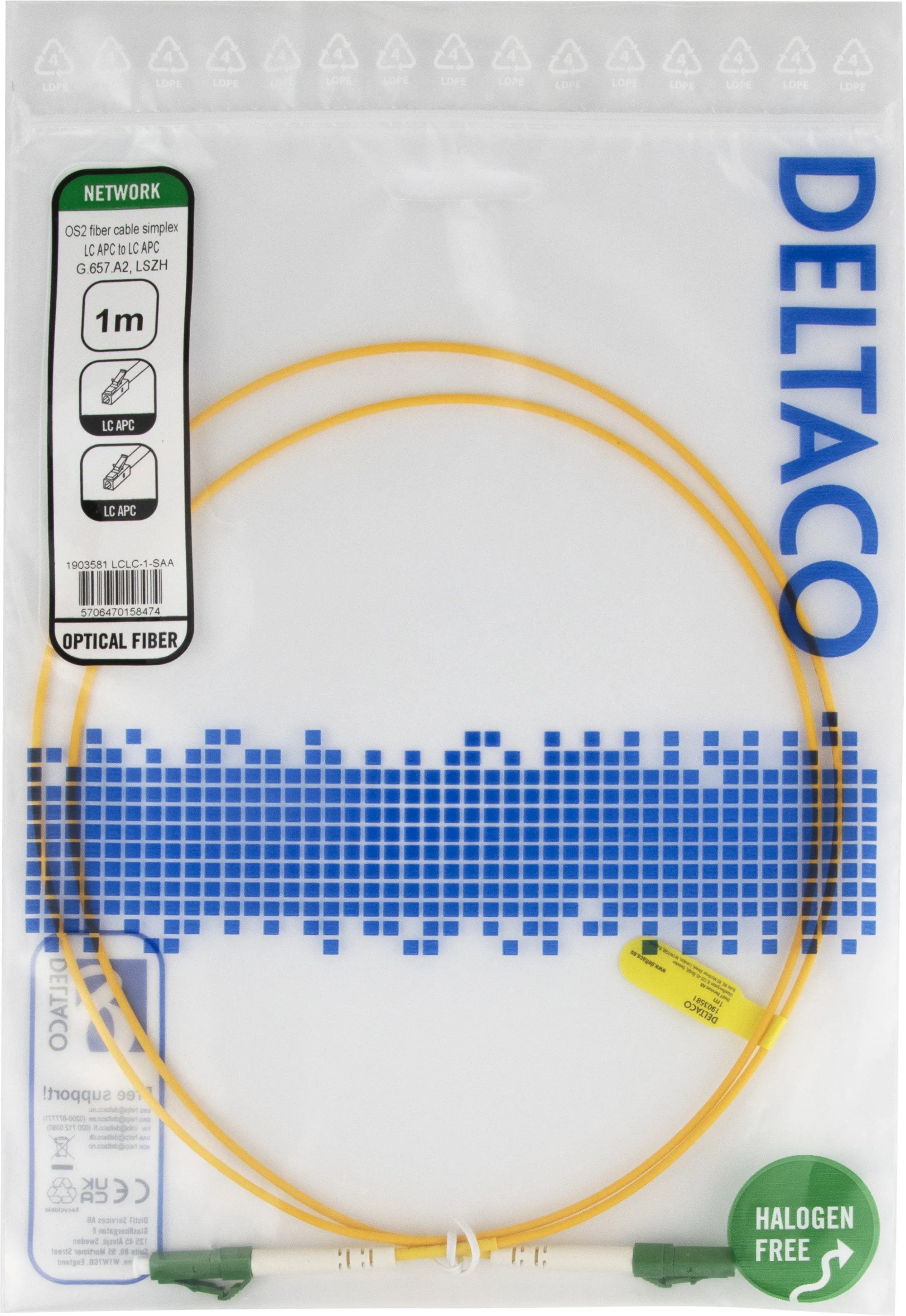 Deltaco OS2 LSZH LC-LC 1m fiberkabel, gul
