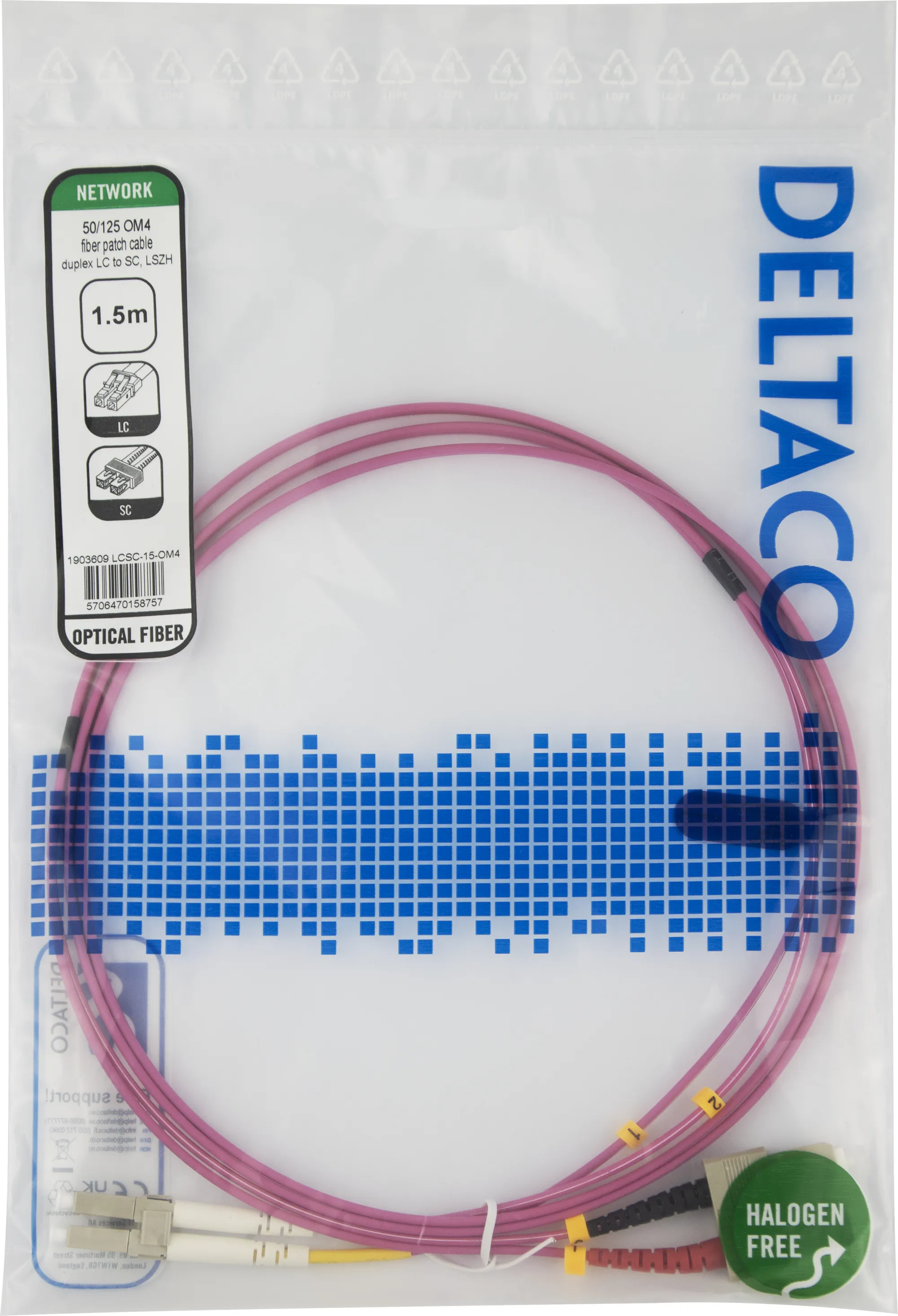 Deltaco OM4 LSZH LC-SC 1.5m Fiber Optic Cable, Pink