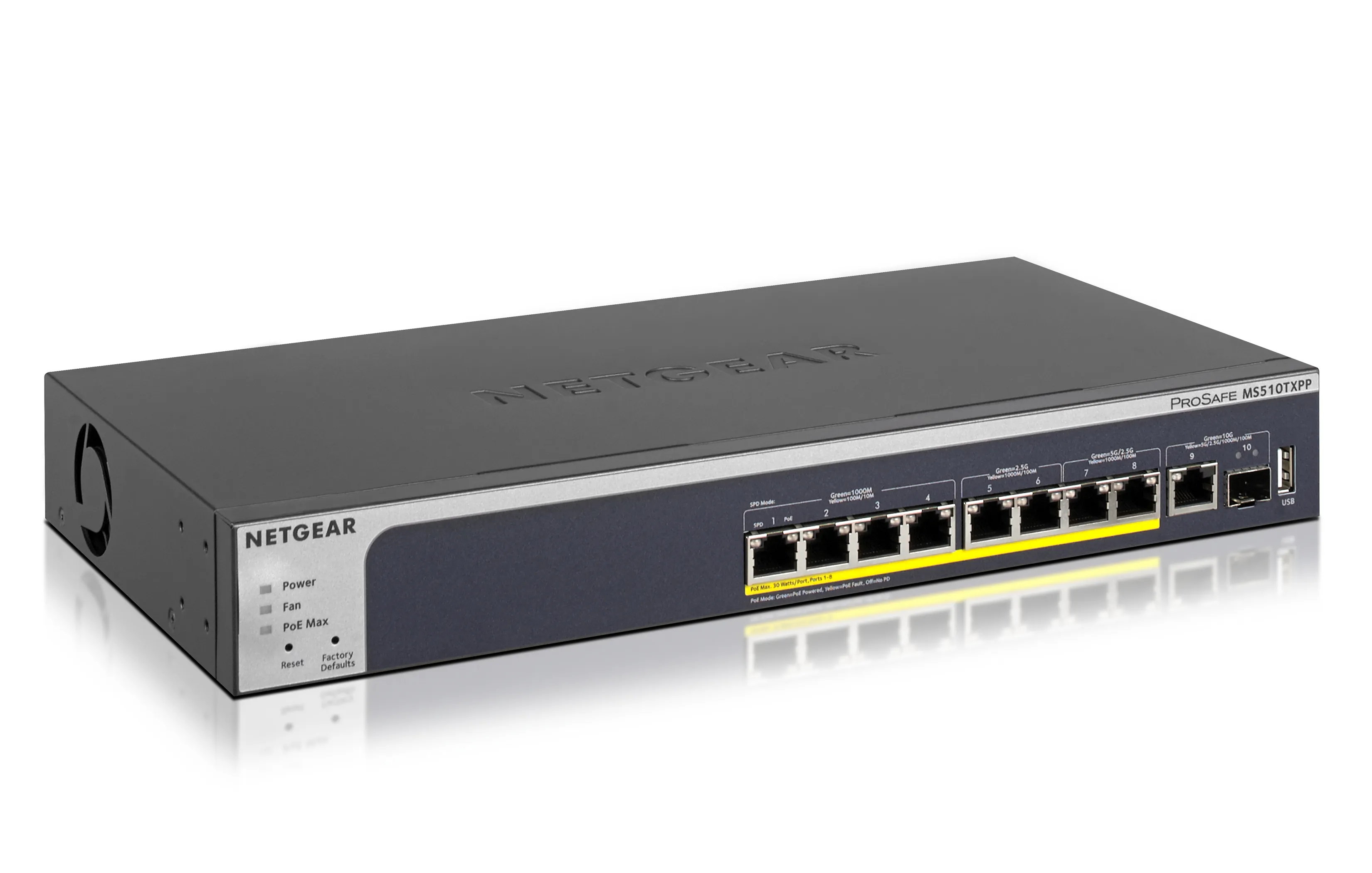 NETGEAR MS510TXPP - Kytkin - L3 Lite - smart - 4 x 10/100/1000 (PoE+) + 2 x 100/1000/2.5G/5G (PoE+) + 2 x 100/1000/2.5G (PoE+) - ty&ouml;p&ouml;yt&auml;, r&auml;kkiin asennettava -