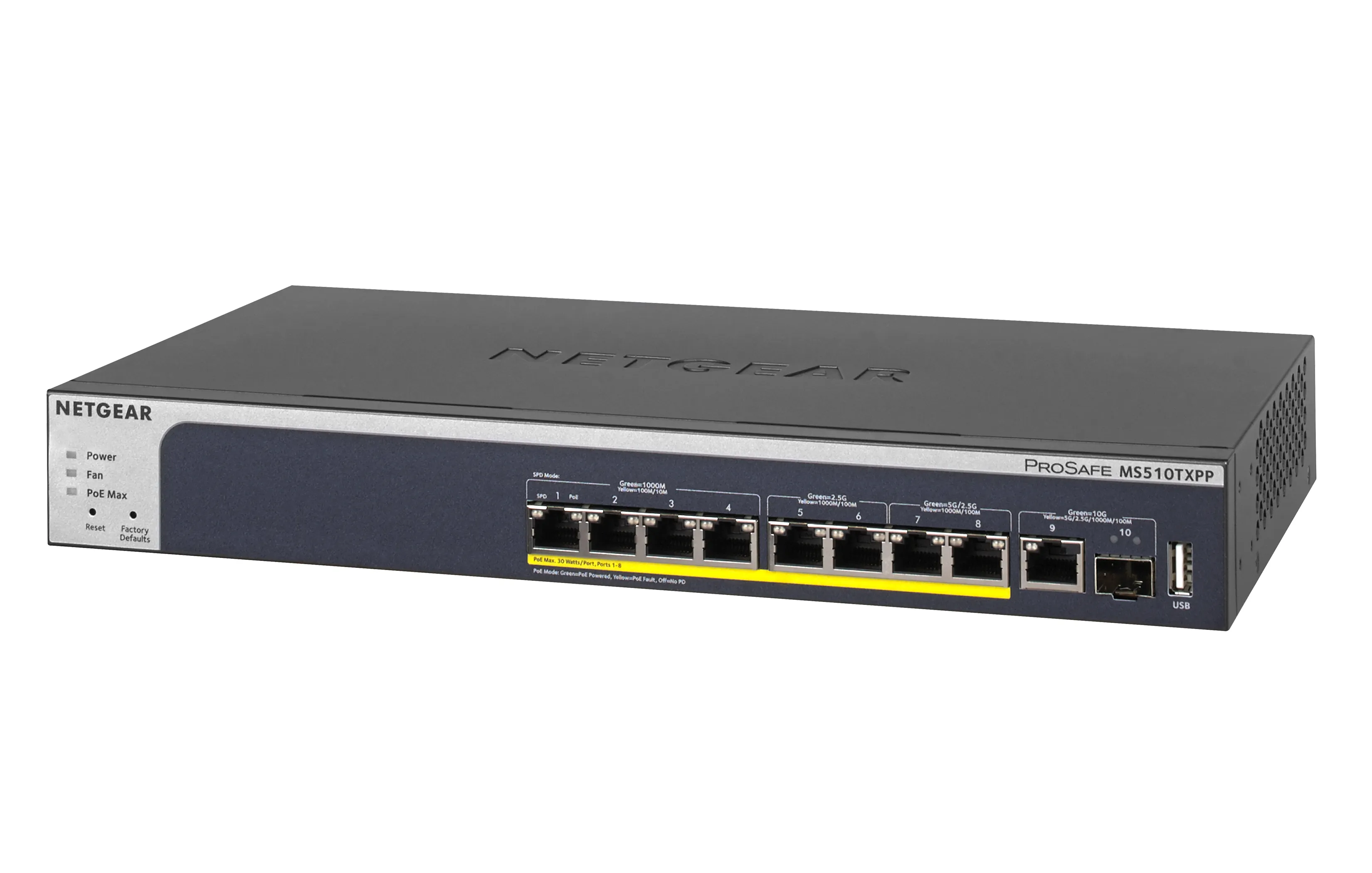 NETGEAR MS510TXPP - Kytkin - L3 Lite - smart - 4 x 10/100/1000 (PoE+) + 2 x 100/1000/2.5G/5G (PoE+) + 2 x 100/1000/2.5G (PoE+) - ty&ouml;p&ouml;yt&auml;, r&auml;kkiin asennettava -