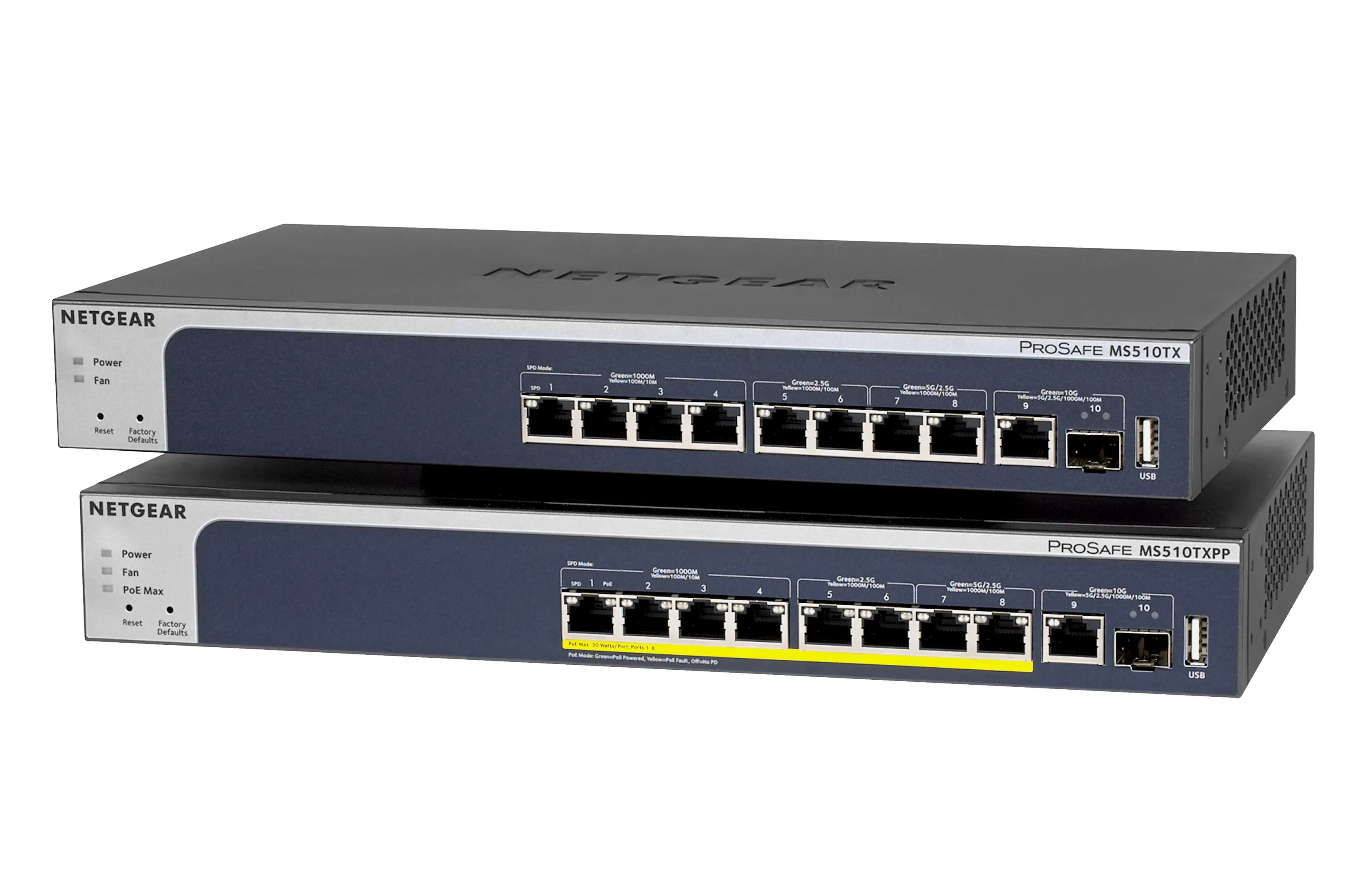 NETGEAR MS510TXPP - Kytkin - L3 Lite - smart - 4 x 10/100/1000 (PoE+) + 2 x 100/1000/2.5G/5G (PoE+) + 2 x 100/1000/2.5G (PoE+) - ty&ouml;p&ouml;yt&auml;, r&auml;kkiin asennettava -