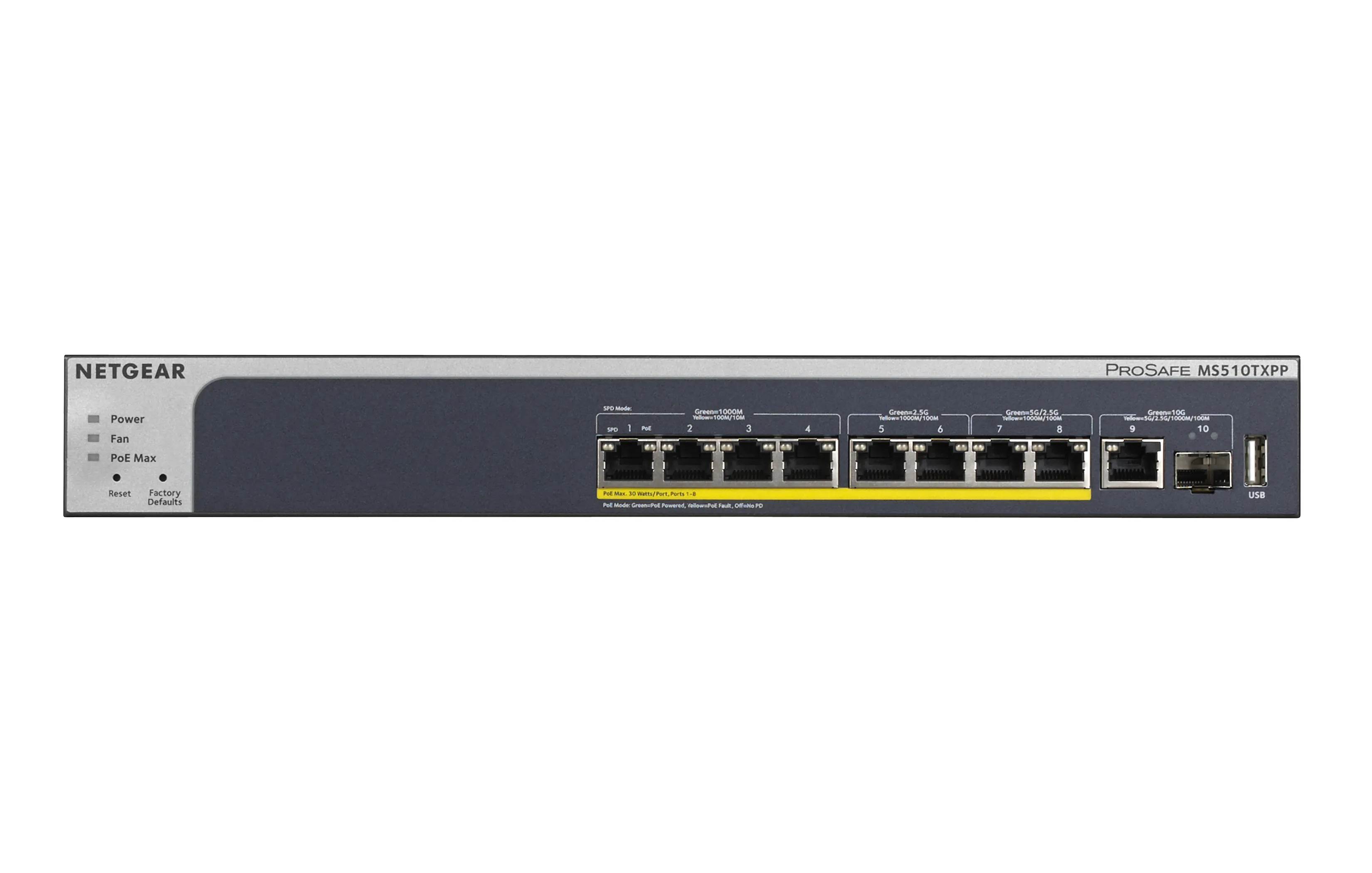 NETGEAR MS510TXPP - Kytkin - L3 Lite - smart - 4 x 10/100/1000 (PoE+) + 2 x 100/1000/2.5G/5G (PoE+) + 2 x 100/1000/2.5G (PoE+) - ty&ouml;p&ouml;yt&auml;, r&auml;kkiin asennettava -
