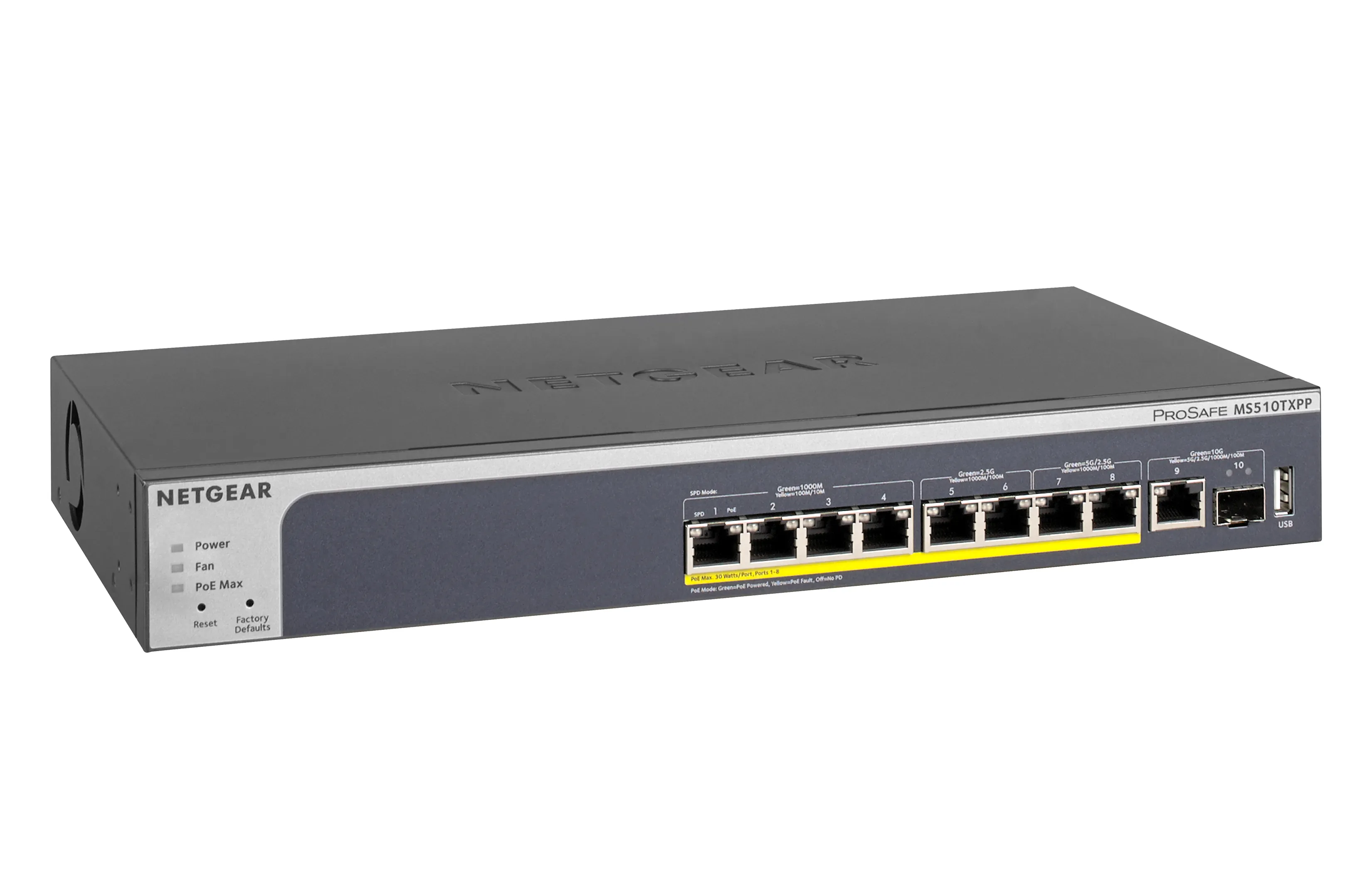 NETGEAR MS510TXPP - Kytkin - L3 Lite - smart - 4 x 10/100/1000 (PoE+) + 2 x 100/1000/2.5G/5G (PoE+) + 2 x 100/1000/2.5G (PoE+) - ty&ouml;p&ouml;yt&auml;, r&auml;kkiin asennettava -