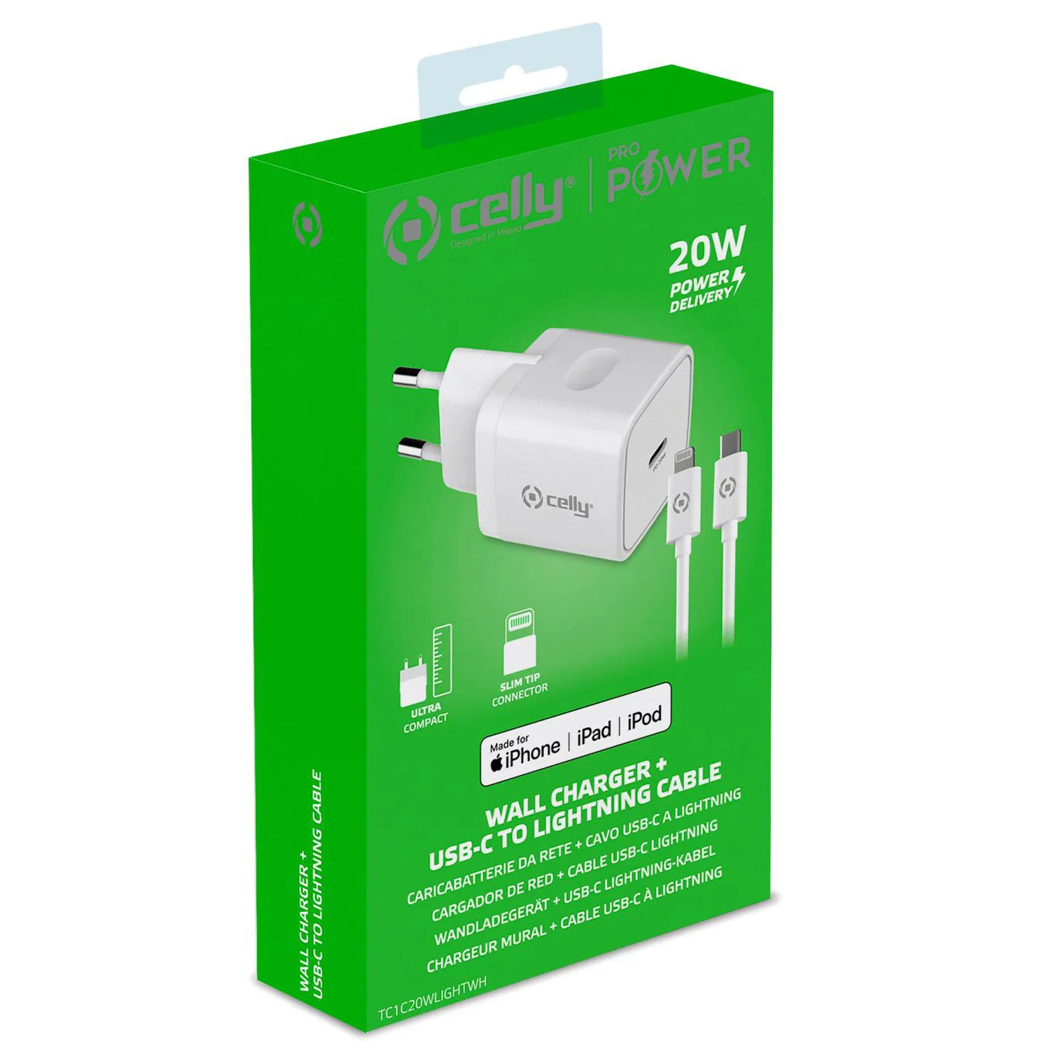 Celly USB-C 20W -laturi + USB-C - Lightning kaapeli