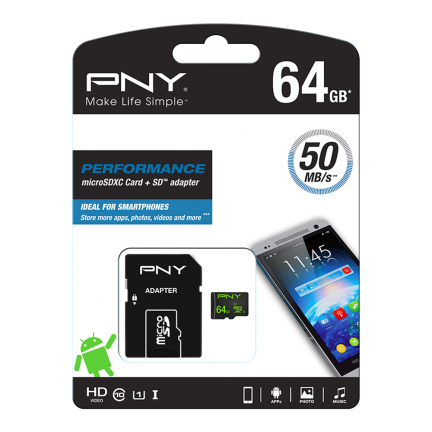PNY 64GB Performance, UHS-I Class 10 MicroSDXC - memory card + SD adapter