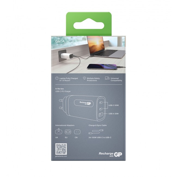 GP GaN Wall Charger USB-C PD 65W, 3-port, incl. USB-C to USB-C Cable 2m