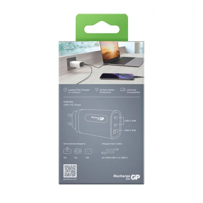 GP GaN Wall Charger USB-C PD 65W, 3-port, incl. USB-C to USB-C Cable 2m