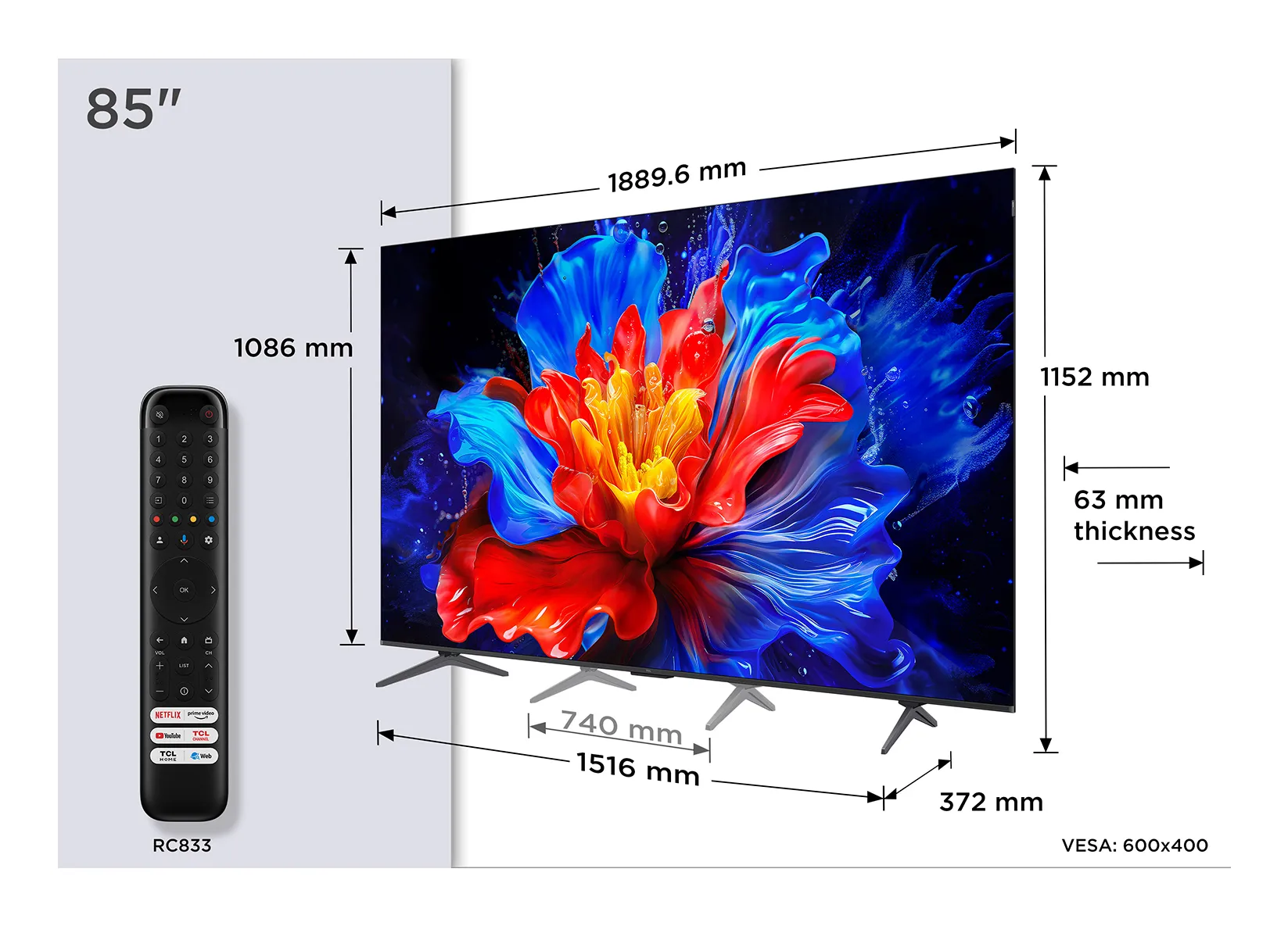 TCL P89K 85P89K 85" 4K QLED Google TV, Dolby Vision, HDR10+, metallic