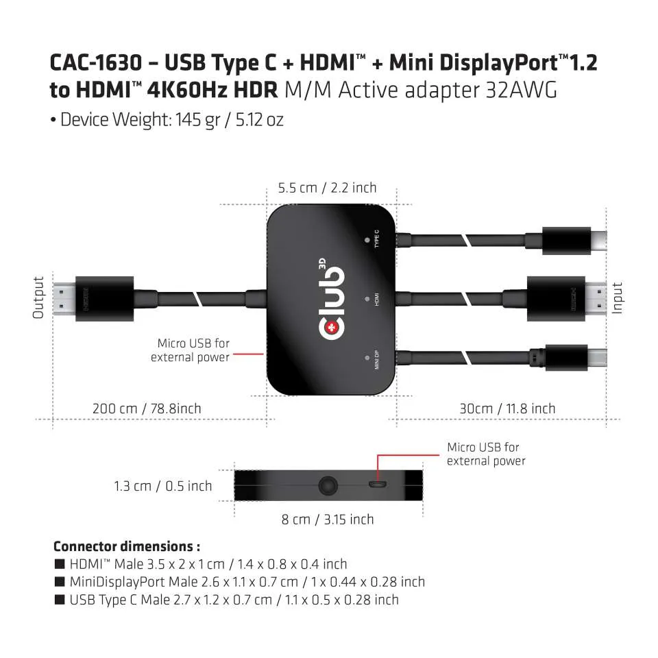 Club 3D USB-C/HDMI/MiniDisplayPort 1.2 - HDMI - adapter Club 3D USB-C/HDMI/MiniDisplayPort 1.2 - HDMI - adapter