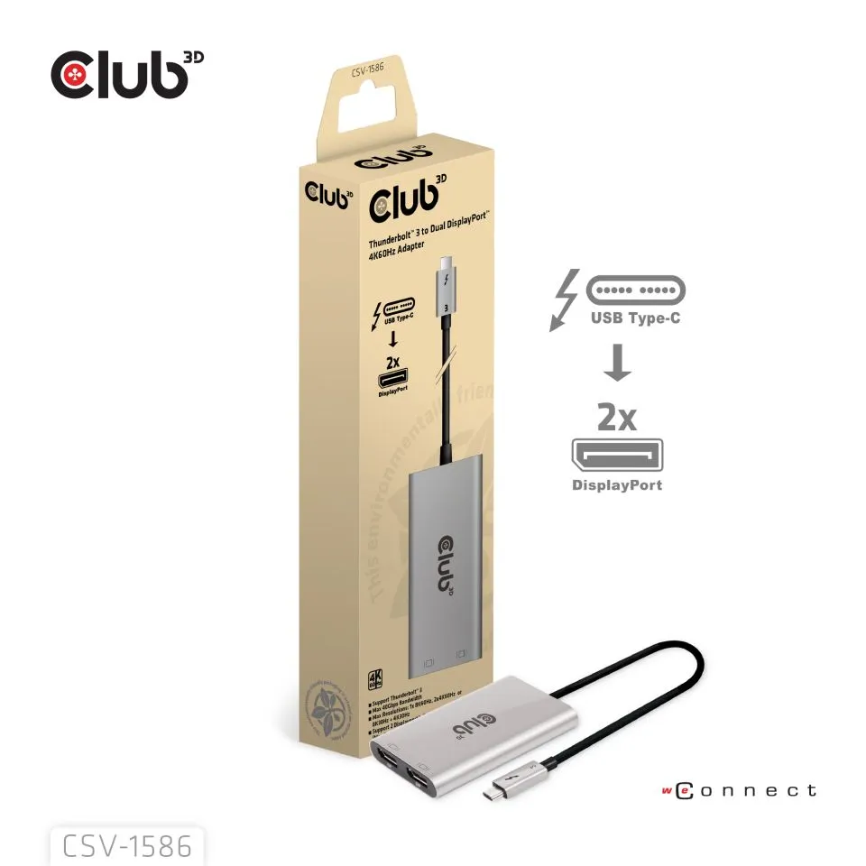 Club 3D Thunderbolt 3 - 2x DisplayPort 4K60Hz - adapter, Grå