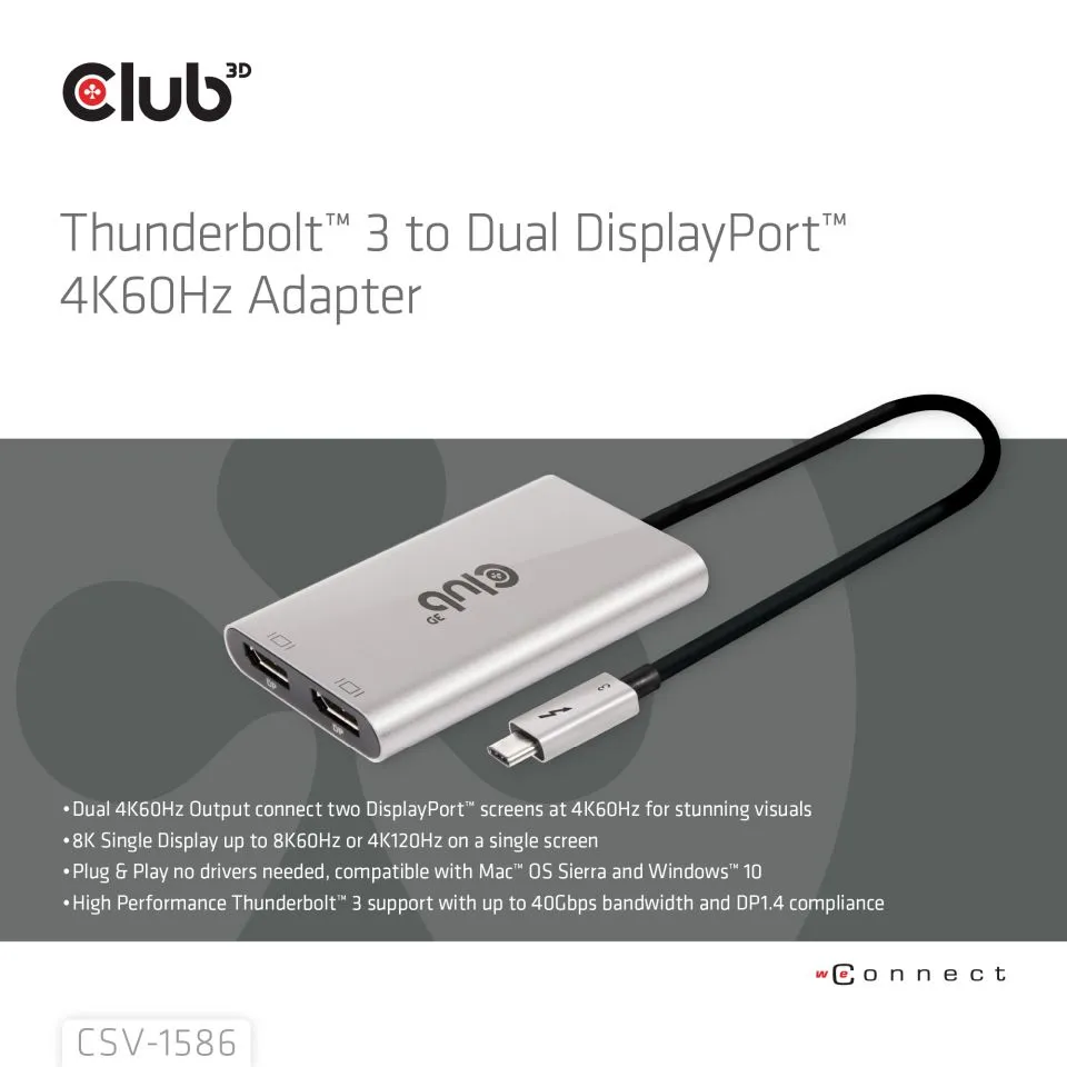 Club 3D Thunderbolt 3 - 2x DisplayPort 4K60Hz - adapter, Grå