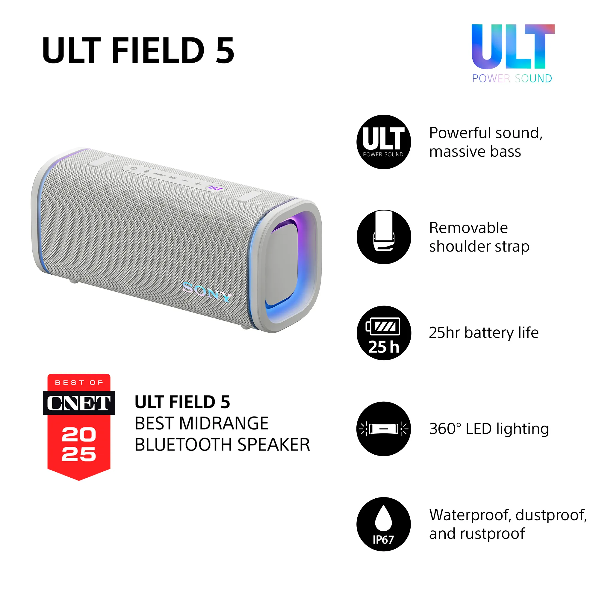 Sony ULT Field 5 2.0 Bluetooth, Wi-Fi Portable speaker, White