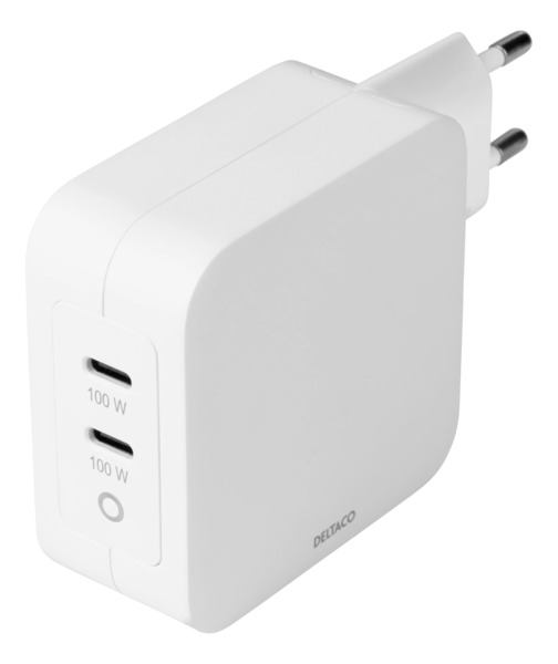 DELTACO USB-C wall charger, GaN technology, 2x USB-C PD, total 100 W