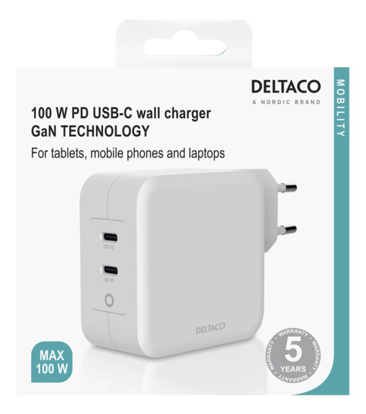 DELTACO USB-C wall charger, GaN technology, 2x USB-C PD, total 100 W