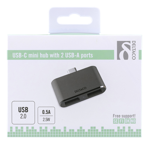 Deltaco USB-C mini hubb, 2x USB-A 2,0, 480 Mbps, 0,5A, rymdgr&aring;