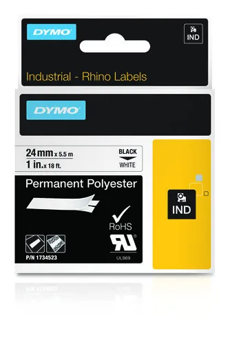 DYMO RhinoPRO m&auml;rktejp perm polyester 24mm, svart p&aring; vitt, 5.5m rull