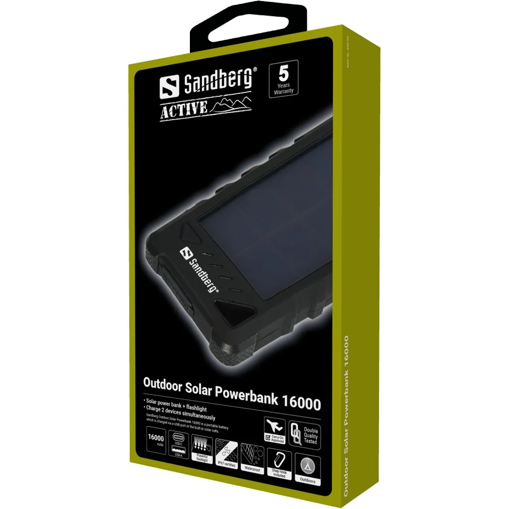 Sandberg Outdoor Solar -varavirtal&auml;hde, 16000 mAh, Musta