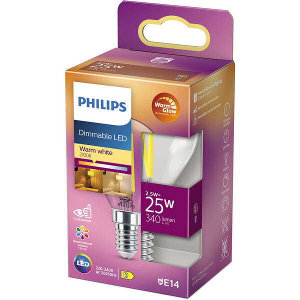 Philips WarmGlow LED bulb P45 E14 2.5 W (25 W) 340 lm Clear Dimmable IP65