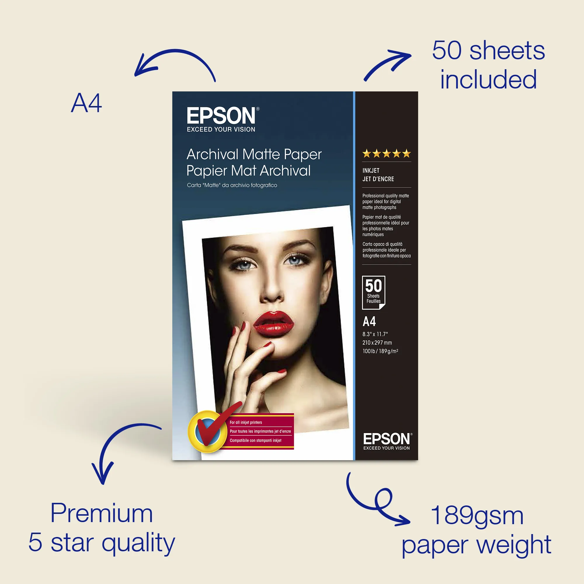 EPSON ARCHIVAL MATTE PAPER, A4, 192G, 50