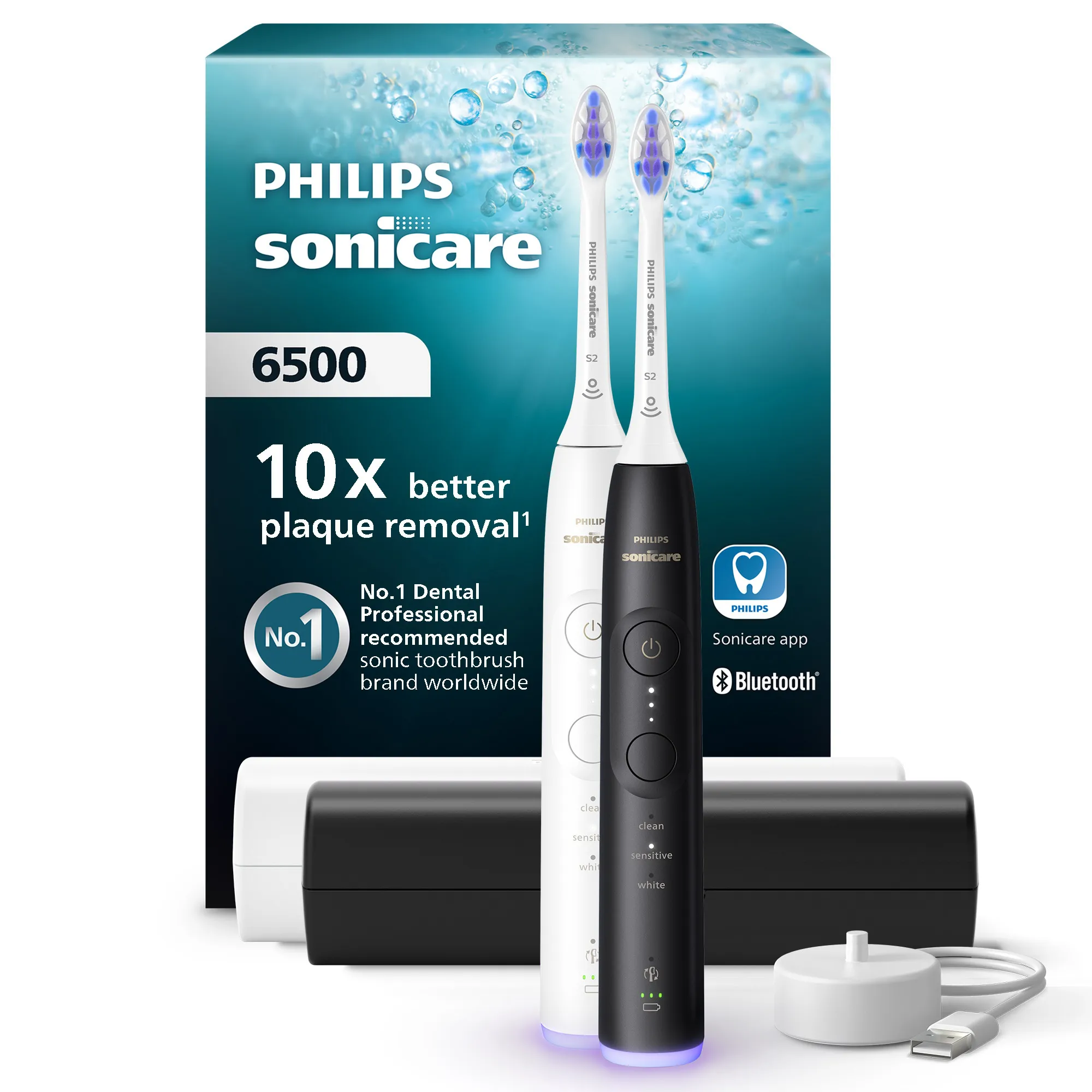 Philips Sonicare 6500 - eltandborste, 2 st, vit/svart Philips Sonicare 6500 - eltandborste, 2 st, vit/svart