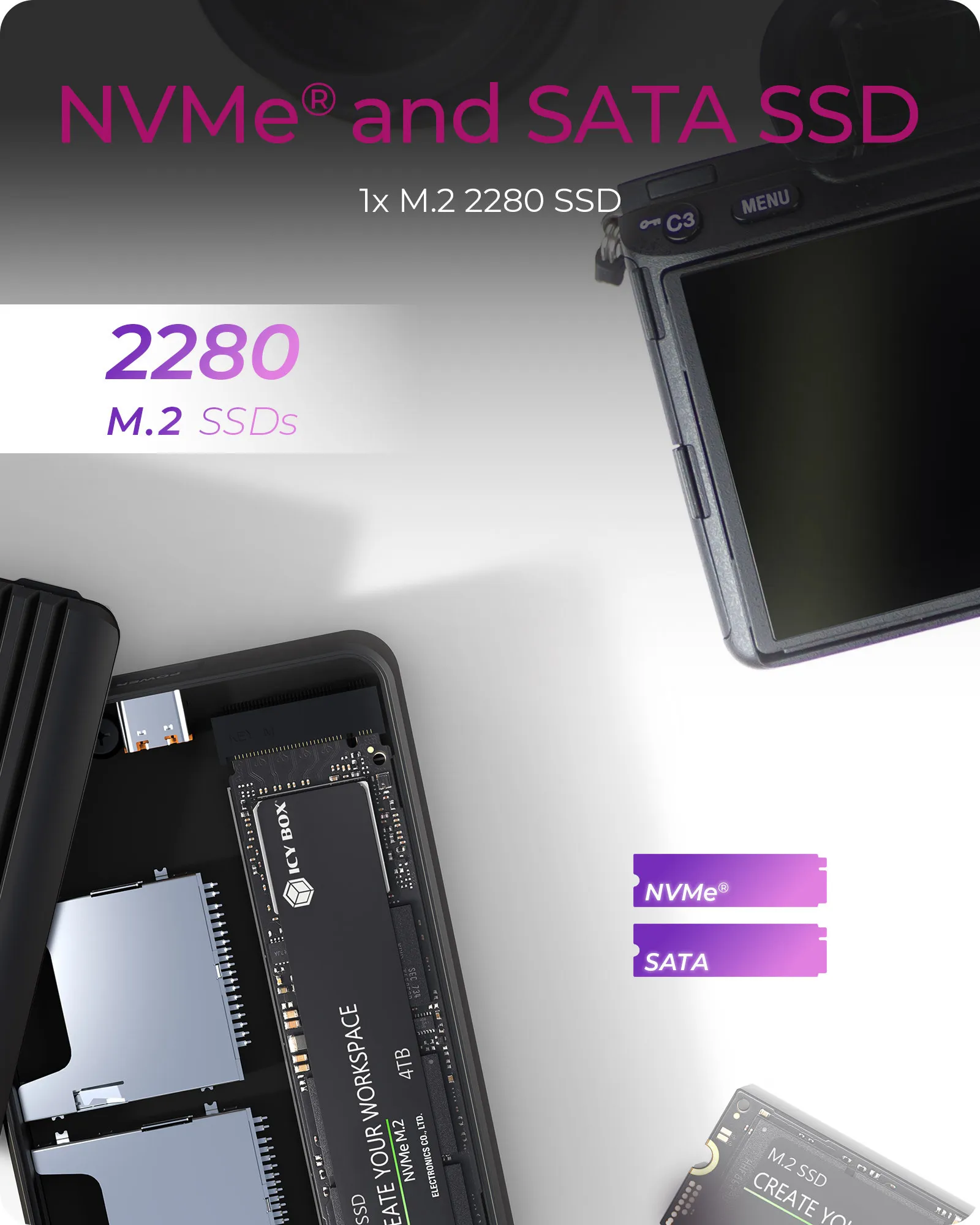 ICY BOX IB-CR602M-C31 M.2 NVMe/SATA SSD Enclosure, USB 3.2 Gen 2, Dual SD 4.0 (UHS-II) Card Reader, Black