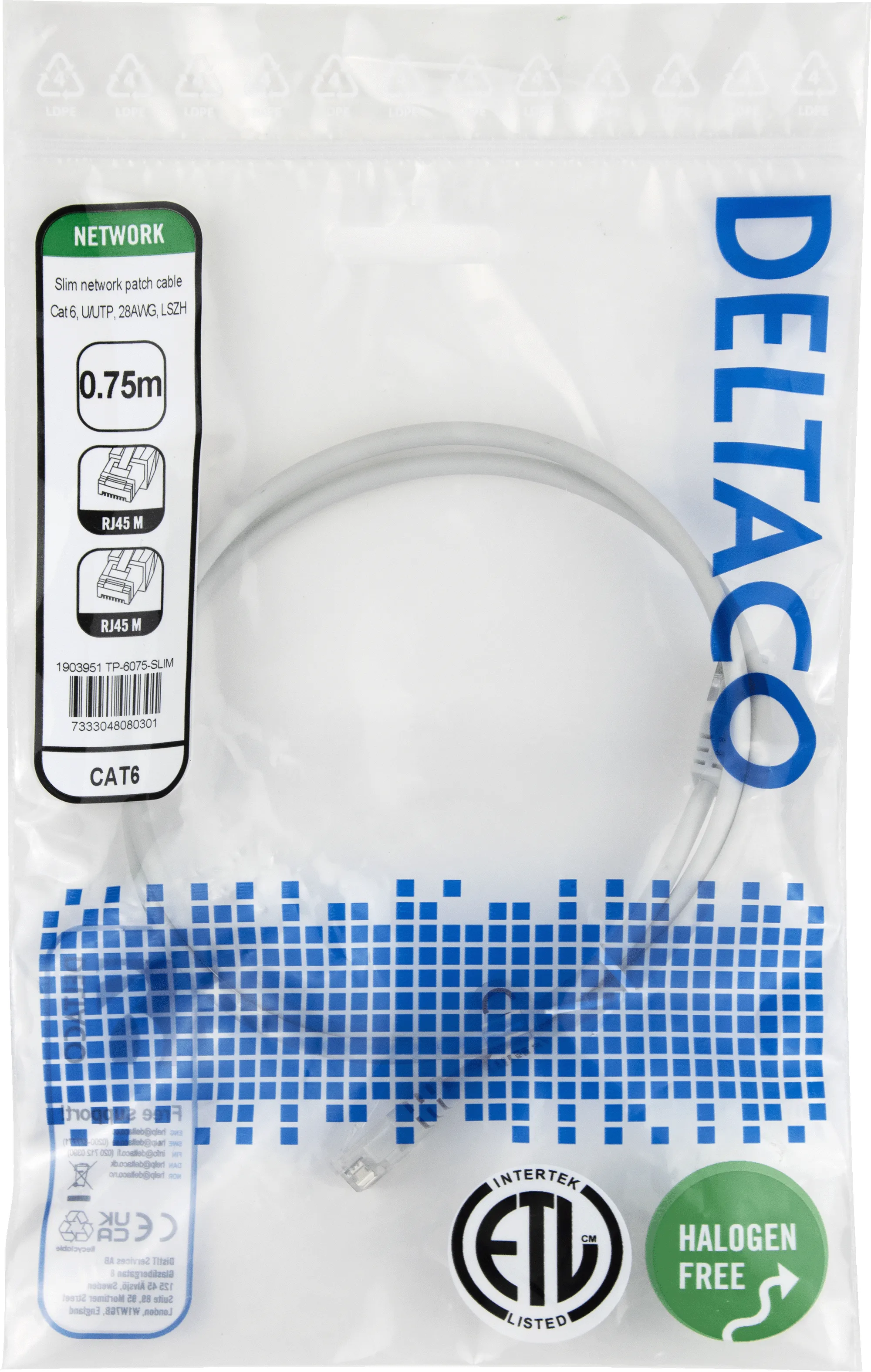 Deltaco Cat6 UTP RJ45 0.75m Network Cable, Grey